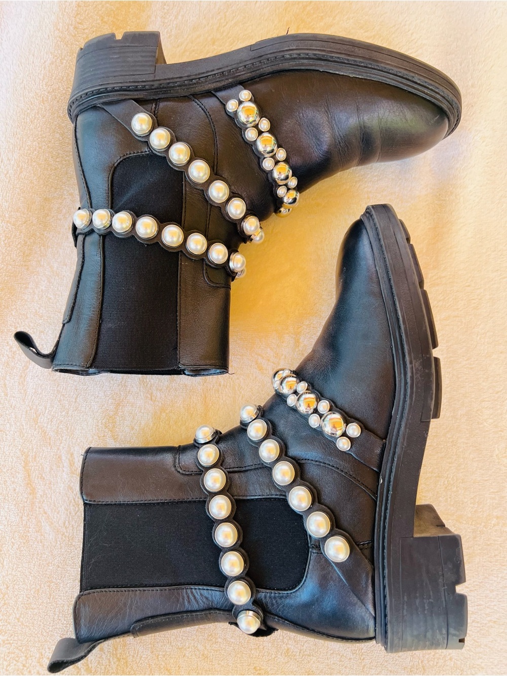 Zara Leather Pearl Strap Ankle Boots Block Heel Size 8 Black - Picture 11 of 12